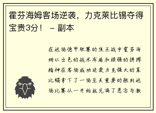 霍芬海姆客场逆袭，力克莱比锡夺得宝贵3分！ - 副本