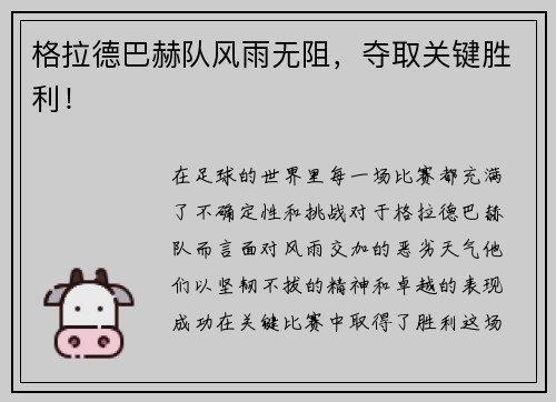 格拉德巴赫队风雨无阻，夺取关键胜利！