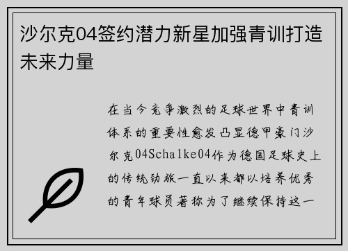 沙尔克04签约潜力新星加强青训打造未来力量