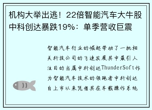 机构大举出逃！22倍智能汽车大牛股中科创达暴跌19%：单季营收巨震