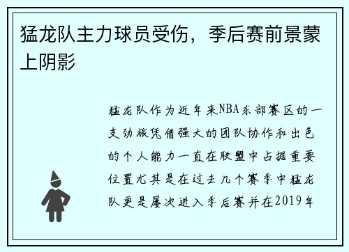 猛龙队主力球员受伤，季后赛前景蒙上阴影