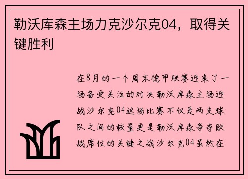 勒沃库森主场力克沙尔克04，取得关键胜利