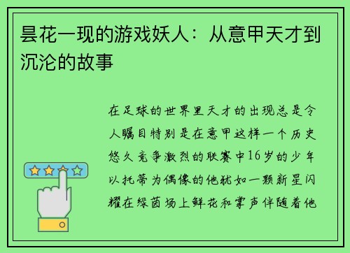 昙花一现的游戏妖人：从意甲天才到沉沦的故事