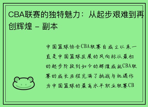 CBA联赛的独特魅力：从起步艰难到再创辉煌 - 副本