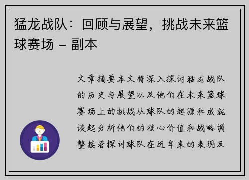 猛龙战队：回顾与展望，挑战未来篮球赛场 - 副本