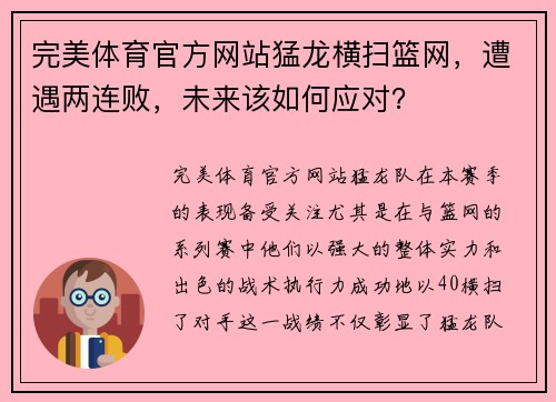 完美体育官方网站猛龙横扫篮网，遭遇两连败，未来该如何应对？