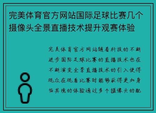 完美体育官方网站国际足球比赛几个摄像头全景直播技术提升观赛体验