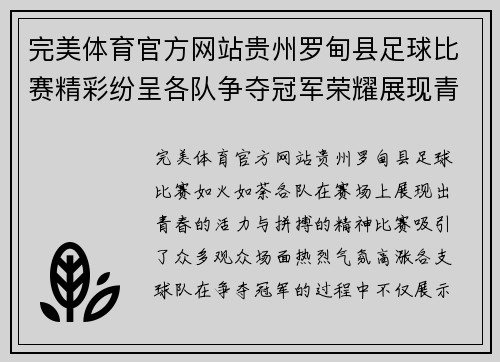完美体育官方网站贵州罗甸县足球比赛精彩纷呈各队争夺冠军荣耀展现青春风采